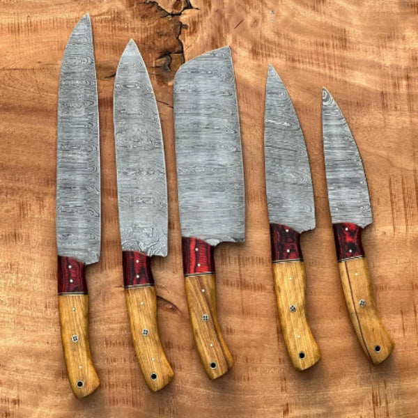Handmade Damascus Steel Kitchen Set Of 5Pcs With Pakka Wood Handle - Ad-CKS101