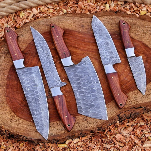 Handmade Damascus Steel Kitchen Set Of 5Pcs With Rose wood Handle - Ad-CKS109