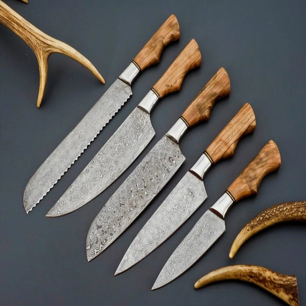 Handmade Damascus Steel Kitchen Set Of 5Pcs With Olive wood Handle - Ad-CKS108