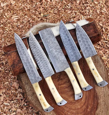 Handmade Damascus Steel Kitchen Set Of 5Pcs With Bone Handle - Ad-CKS103