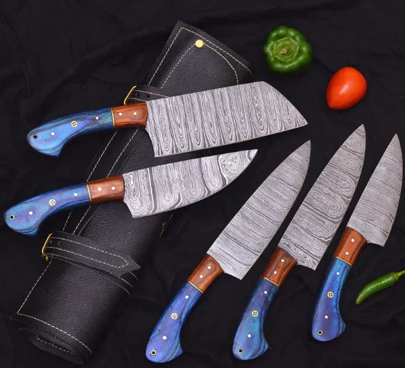 Handmade Damascus Steel Kitchen Set Of 5Pcs With Pakka Wood Handle - Ad-CKS106