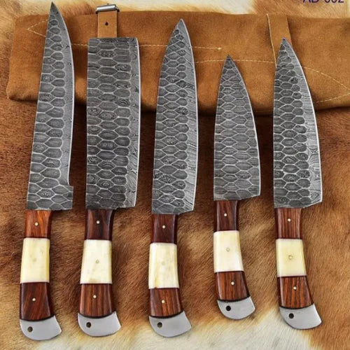 Handmade Damascus Steel Kitchen Set Of 5Pcs With Bone And Rose wood Handle - Ad-CKS104