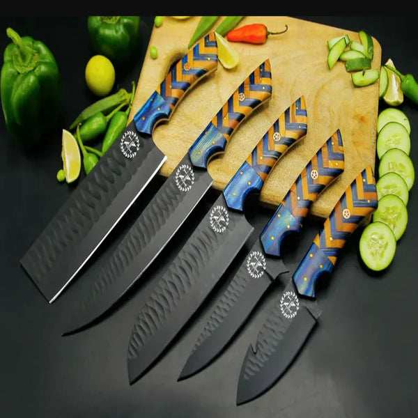Handmade Damascus Steel Kitchen Set Of 5Pcs With Blue And olive wood Handle - Ad-CKS110