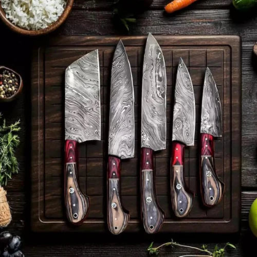 Handmade Damascus Steel Kitchen Set Of 5Pcs With Pakka WoodHandle - Ad-CKS107
