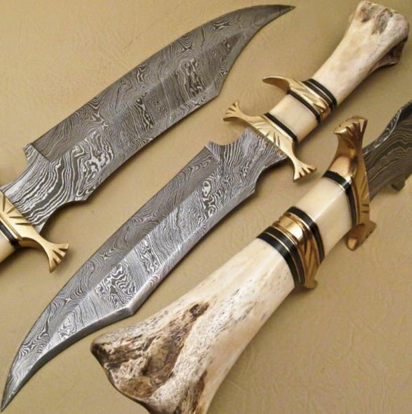 Custom Hand Made Damascus Steel Hunting Knife Bowie With Camel Bone handle
