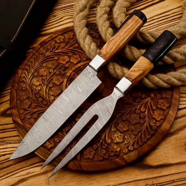 Handmade Damascus Steel Fork and knife 2 Pc Set , Damascus steel knives , BBQ Knives Outdoor Grill Tools , BBQ Grilling Knife And Fork