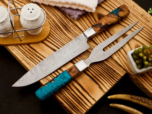Handmade Damascus Steel Fork and knife 2 Pc Set , Damascus steel knives , BBQ Knives Outdoor Grill Parties gifts , BBQ Grilling accessories