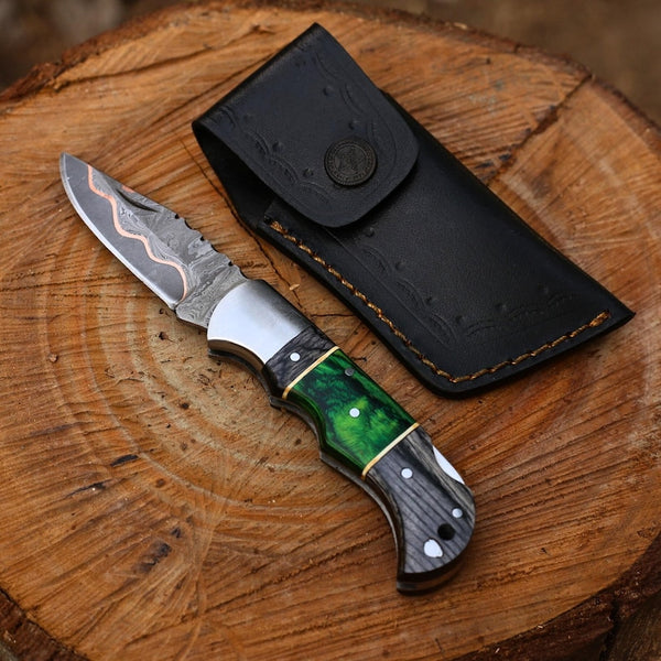 Personalized Copper Damascus Steel Pocket Folding Knife Handmade Copper Anniversary Gift Knife Hand Forged Fold Blade Knife Groomsman Gift