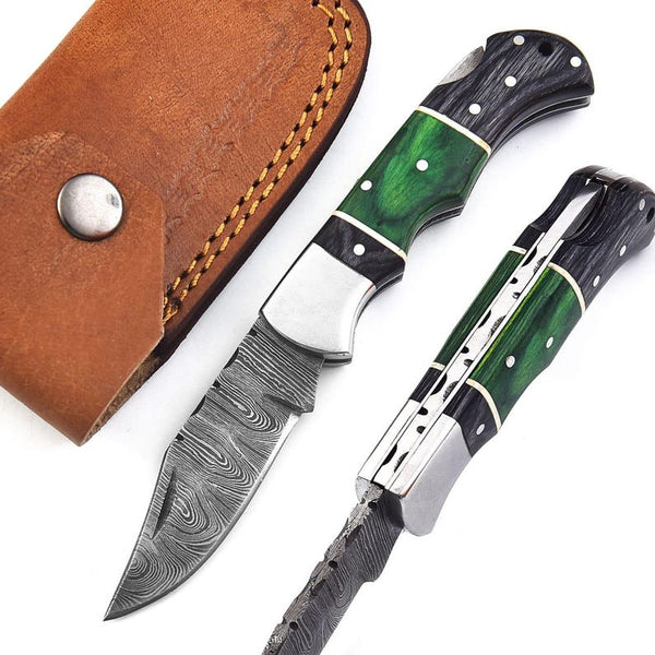 Handmade Damascus Pocket Knife Olive Wood Handle Birthday Gift Folding Knife Groomsmen Gift Anniversary Wedding Personalized Gift for Men