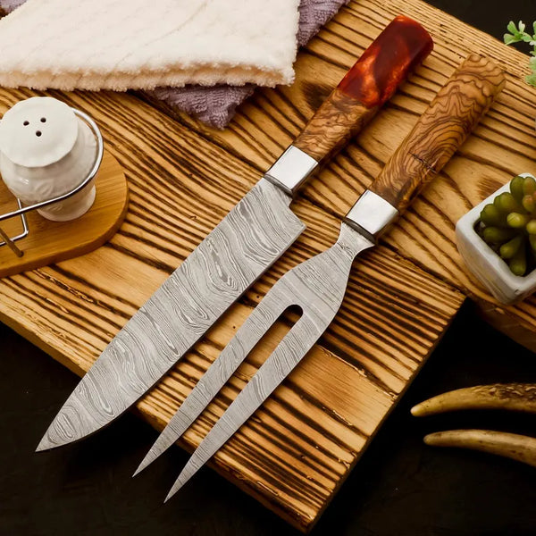 Handmade Damascus Steel Fork and knife 2 Pc Set , Damascus steel knives , BBQ Knives Outdoor Grill Parties Tools , BBQ Grilling Tools