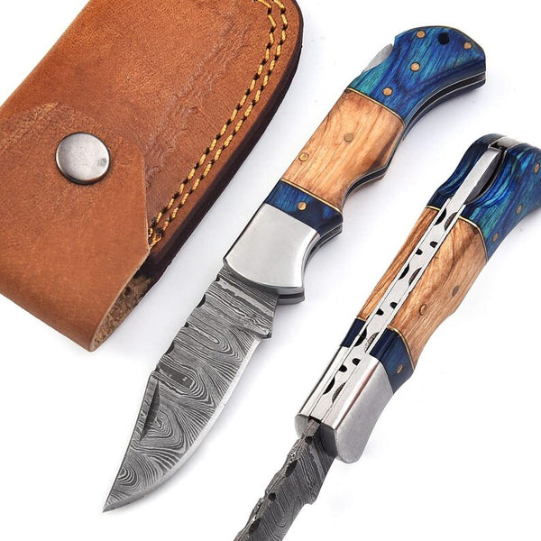 Handmade Damascus Pocket Knife Olive Wood Handle Birthday Gift Folding Knife Groomsmen Gift Anniversary Wedding Personalized Gift for Men