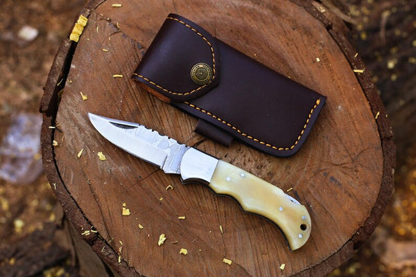 Damascus Steel Folding Knife | Custom Handmade Pocket Knife with Unique Damascus Wave Pattern, Exotic Bone Handle | Outdoor knife