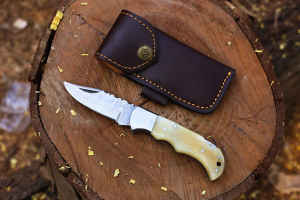 Damascus Steel Folding Knife | Custom Handmade Pocket Knife with Unique Damascus Wave Pattern, Exotic Bone Handle | Outdoor knife