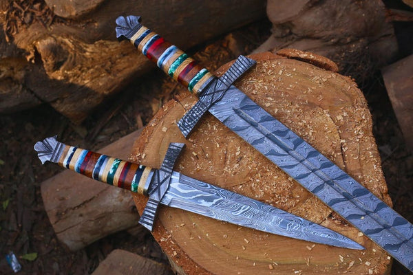 Handmade Forged Damascus steel pair sword 38 Inch & Sword 17 Inch Best gift for him , High-quality Steel Sword, Damascus steel set of Swords