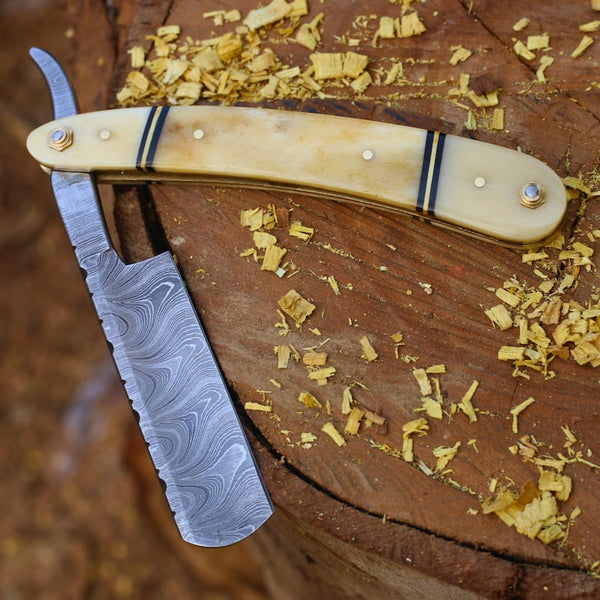 Traditional Damascus Straight Razor – Custom Shaving Blade for Barber & Grooming | Twist Pattern Damascus Razor with Bone Handle