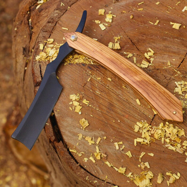 Premium Damascus Steel Razor – Personalized Gift for Husband, Boyfriend, or Groomsmen | Black Coated Straight Razor with Olive Wood Handle