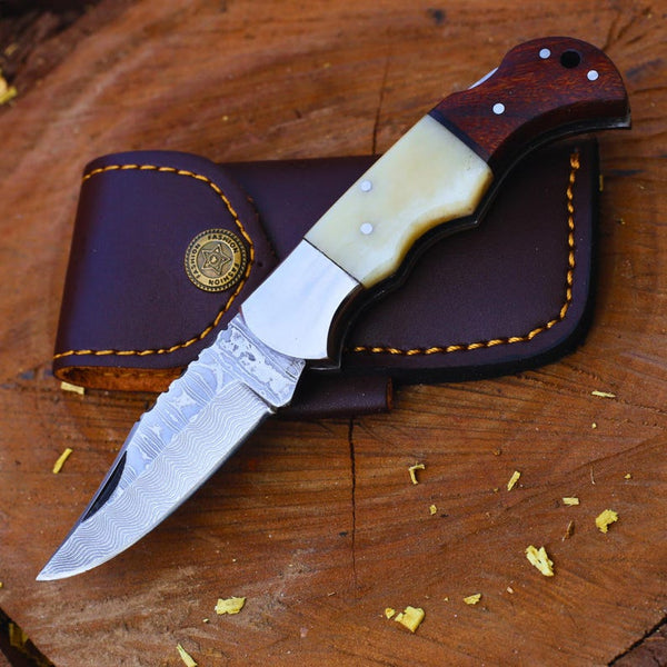 Handcrafted Damascus Steel Folding Knife | Elegant EDC Pocket Knife with Premium Handle | Perfect Gift for Men, Hunters & Collectors