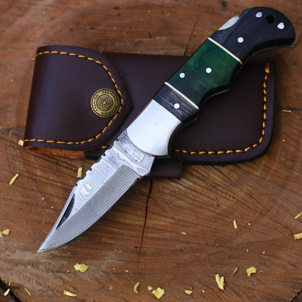Handcrafted Damascus Steel Pocket Knife with Elegant Wood Handle – Unique Pattern Damascus Folding Knife | Perfect for EDC & Gifts