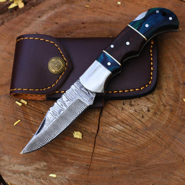 Custom Handmade Damascus Steel Folding Knife – Wooden Handle, Gift-Ready, Collector’s Item, Unique Gift, Perfect for EDC